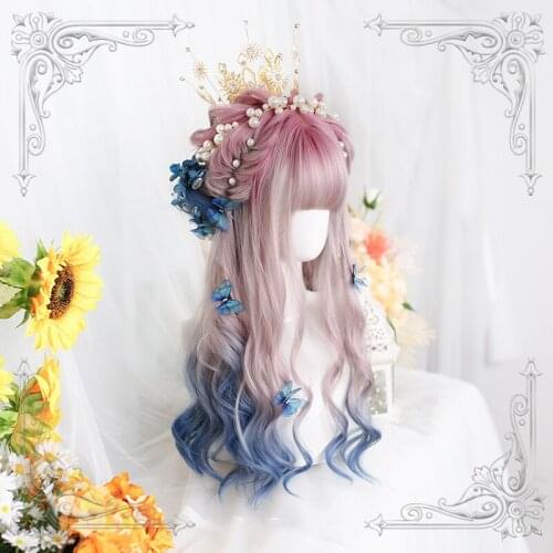 Gradient Pink Blue Lolita Wig Harajuku Fairy Princess Cosplay Bangs Curly Long Fringe Synthetic Hair for Adult Girls Daily Wear