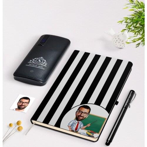 Personalized Men 'S Teacher Caricature Of Black Notebook pen 12.000 Mah Powerbank Gift Seti-1
