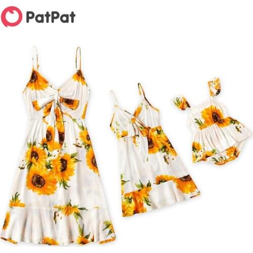 PatPat Sunflower Print Front Tie Sling Dresses for Mommy and Me