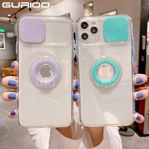 Slide Camera Lens Ring Holder Clear Phone Case For iPhone 12 Mini 11 Pro Max X XR XS Max SE 2020 7 8 Plus Transparent Back Cover