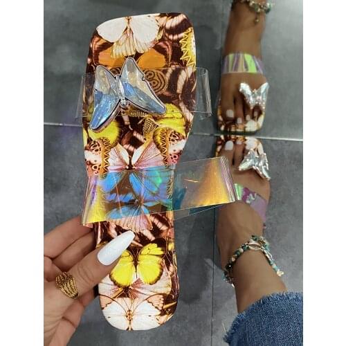 Women 2021 Summer New Flat Sandals Slippers Female Casual Transparent Metal Chain Bow Decorative Fashion Outdoor Beach Slides