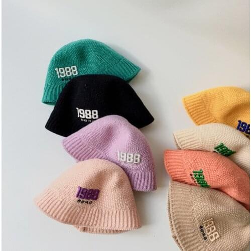 Kids Baby Hat Autumn Winter Korean Edition Cap 1988 Alphabet Embroidered Boy Beach Bucket Hats Solid Color Girl Wool Basin Caps