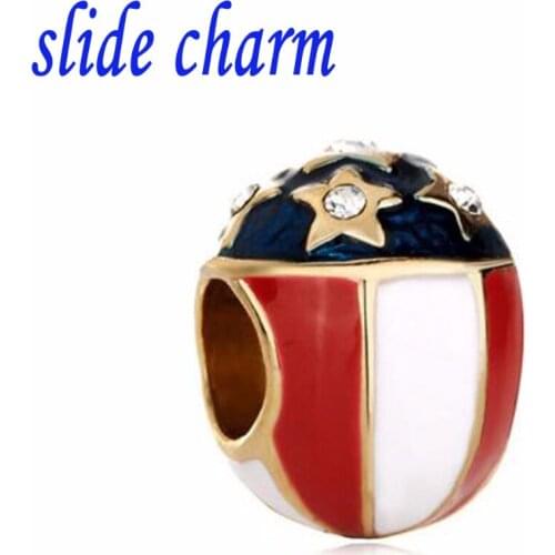 Slide charm Free shipping New Fashion European American flag mosaic nuts white crystal charm beads fit Pandora bracelet