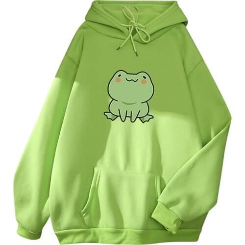 Kawaii Hoodie Womens Frog Printed Long Sleeve Green Top Loose Hooded Sweatshirt With Large Front Pocket Mujer De Moda 2021