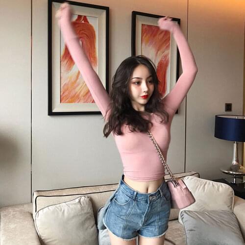 Woman TShirts Womens Retro Short Tight Long-Sleeved High-Elastic T-shirt Crop Top Mujer Camisetas