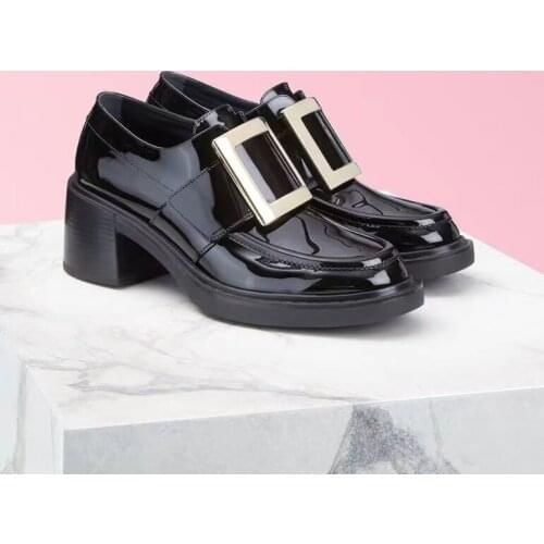 2020 Brand Shoes Woman Casual Comfortable Slip on Women Patent Leather Shoes Square Heels Retro Shoes Woman Zapatos Mujer