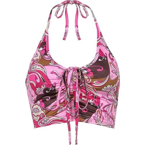 Women Summer Beach Halter Lace-up Sling Crop Tops Sexy Chic Colorful Camis y2k Tank Top Tee Drawstring Backless T-shirts Vestido