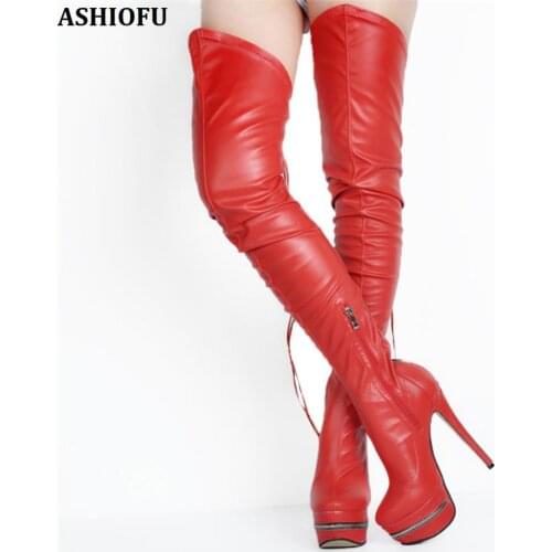 ASHIOFU Handmade Ladies Thigh High Boots Sexy Platform Club Wedding Over Knee Boots Evening Fashion Long Boots Shoes