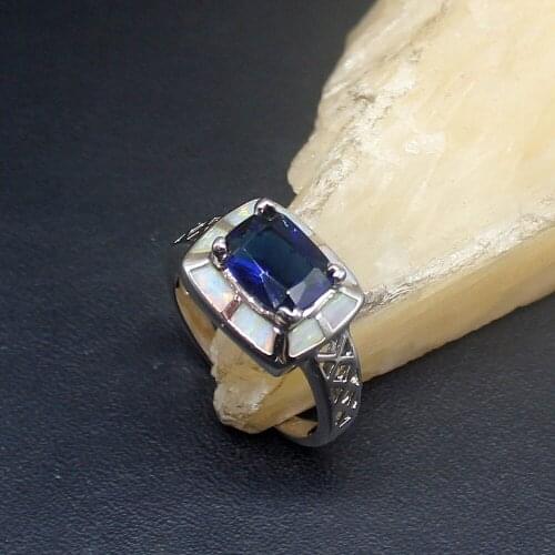 Hermosa Elegant White Opal Blue Sapphire Genuine 925 Silver Band Ring Wedding Engagement Gifts for Women Size 6.5# 20214366