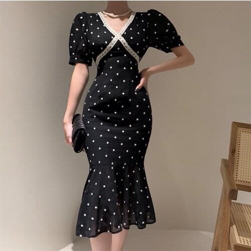 2021 Runway Luxury Lace Trim Summer V Neck Puff Sleeve Women Embroidery High Waist Slim Elegant Mermaid Party Dress Vintage