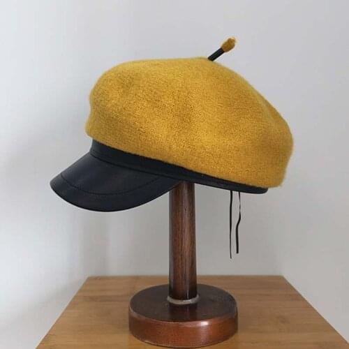 Winter Hats For Women Octagonal Sailor Hat PU Leather Brim Patchwork Wool Hat Japan Female Cute Retro Knitting Casual Cap