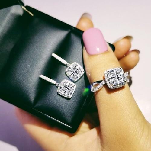 925 Sterling Silver Jewelry set halo Engagement ring round stud earring for Wedding Valentines Day gift Valentines Day J4941