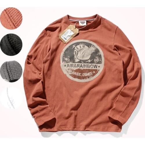 2020 Spring and Autumn Mens Fashion Long Sleeve O-neck Printed T-shirt 95% Cotton Washed Old Sanded American Retro Base Tops