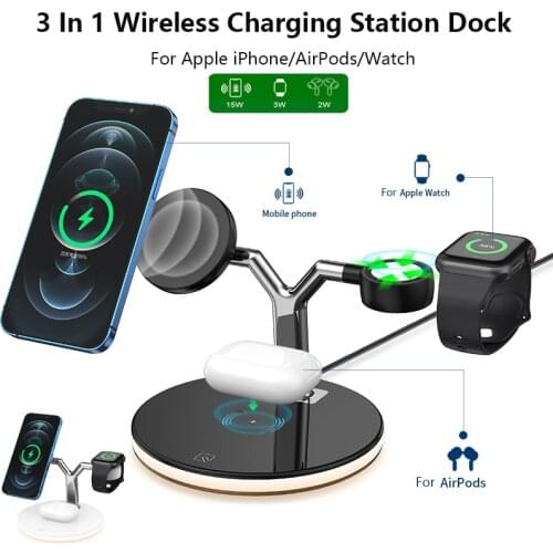 3 In 1 15W Magnetic Fast Safe Wireless Charger Station For iPhone 12 Apple Watch Airpods Macsafe Charging Dock Macsafing Charge