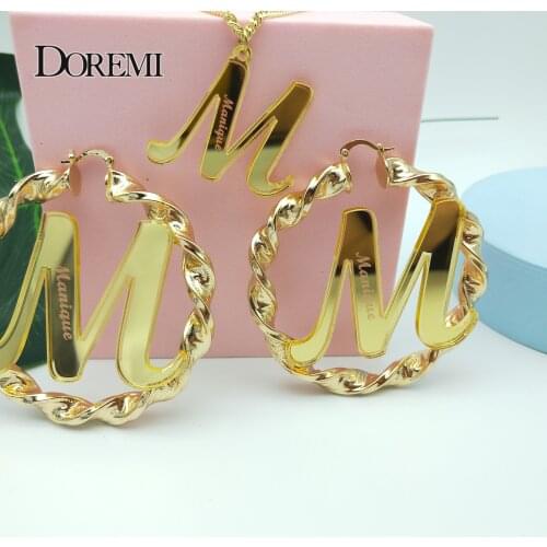 DOREMI New Twist Name Earrings and Necklace set 3MM CubanChain 70mm Round Earrings Custom Acrylic Personalised Name Earrings