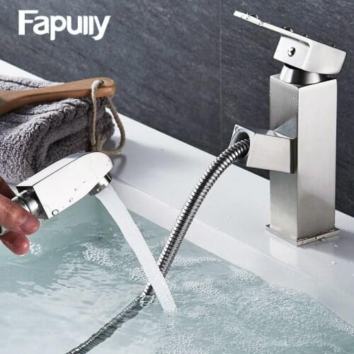 Fapully Basin Faucet Pull Out Brushed Nickel Faucets Bathtub Faucet Mixer Tap Single Handle Bathroom Sink Faucet 528-11N