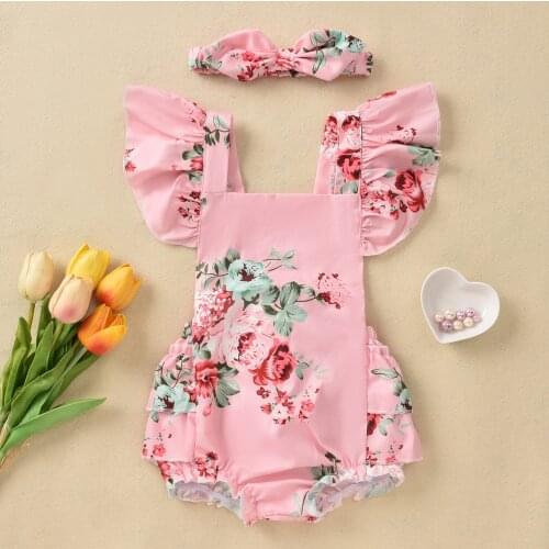 2 Pcs Newborn Flower Print Outfits, Baby Girl Tie-Up Ruffled Fly Sleeve Square Collar Bowknot Romper + Headband