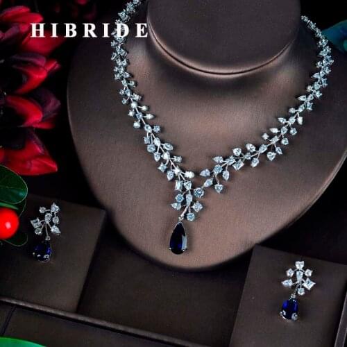 HIBRIDE Charm Blue Water Drop Dubai Jewelry Sets White Gold Color Wedding Necklace Earrings Sets Bijoux bijoux mariage N-593
