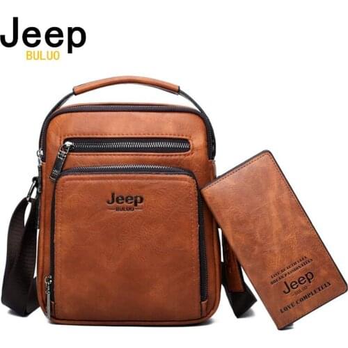 JEEP BULUO Men Leather Shoulder Bag 2 piece set Handbags Business Casual Messenger Bag Crossbody Male Tote Bags High Quality