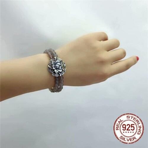 Pure 925 Sterling silver restoring ancient ways is hollow-out peony Silver grey chalcedony natural bracelet fashion jewelry Gift