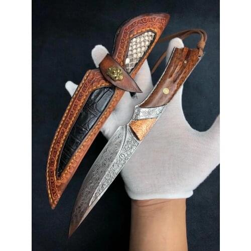 VG10 Damascus steel hunting knife Strong outdoor straight knife High hardness camping handmade knife
