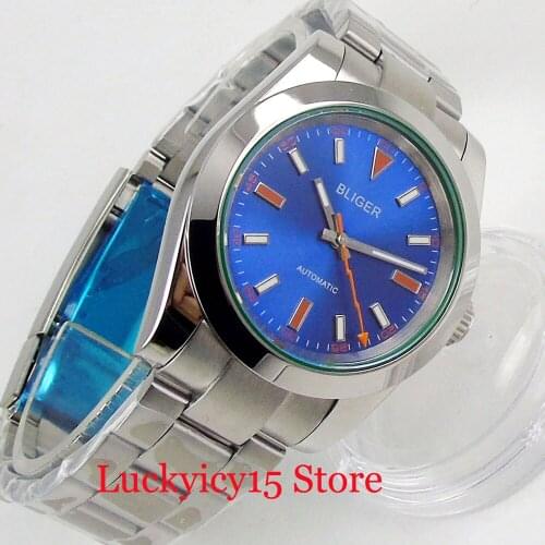BLIGER Blue Automatic Mens Watch Blue Dial 40mm Polished Case Flash Hand Bracelet Clasp Self Winding Watch