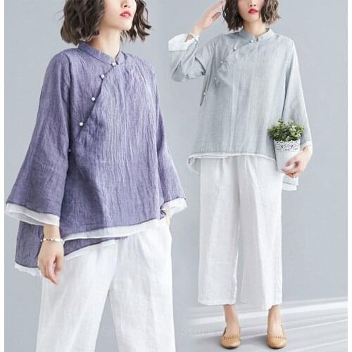Qipao Top Traditional Chinese Clothing Women Tai Chi Chiffon Tang Suit Top Costume Female Linen Kung Fu Shirt Long Sleeve Blouse