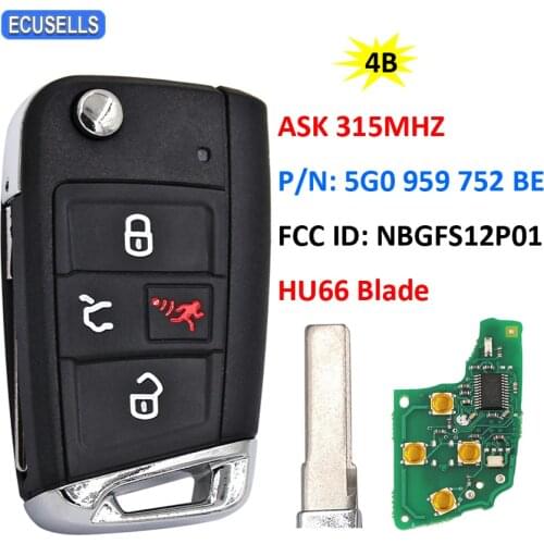 4B Smart Car Key ASK 315Mhz For VW 2015-2020 Golf GTI / MQB AES / P/N: 5G0 959 752 BE / FCC ID: NBGFS12P01 / HU66 / With Recess
