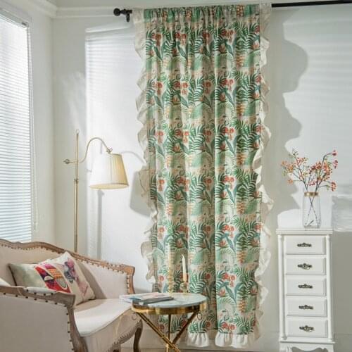 Cilected Green Plant Printing Curtain Nordic Ins Lotus Leaf Lace Semi-Shading Wear Pole Curtain Home Decor Partition Curtain