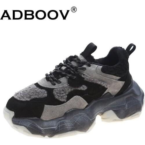ADBOOV Furry Chunky Sneakers Women Fur Lining Fashion Winter Shoes Female