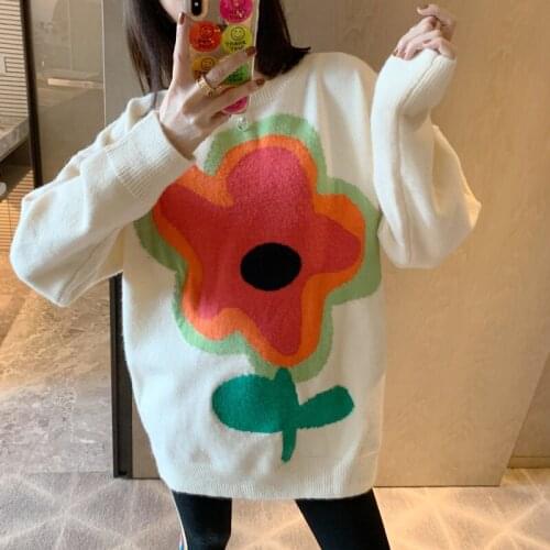 Oversized Knit Fashion Ladies O-Neck Sweatshirt Sunflower Print Long Sleeve Ladies Pullover Pullover Chic Vadim 2021 NEW