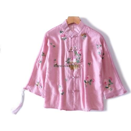 2021 vintage floral embroidery qipao elegant women cheongsam mandarin collar blouse satin chinese tang suit cheongsam tops