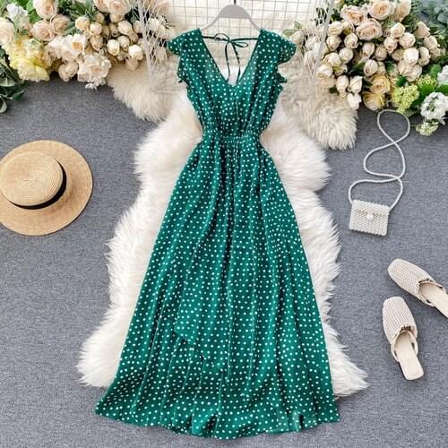 Bohemian Beach Dot Long Dress Women Elegant V-neck Lace up Backless Party Dress Sleeveless Ruffles High Waist Holiday dress 2020