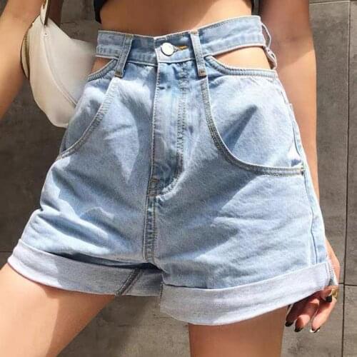 2021 Women Korean Light Blue Hollow Out Short Jeans Female New High Waist All-match A-line Denim Shorts Casual Clothing Summer