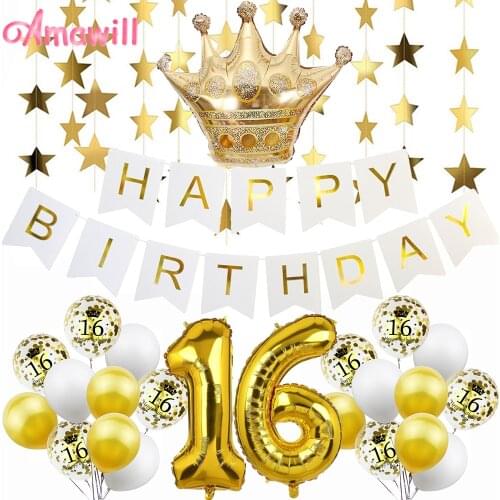 Amawill Gold Sweet 16 Years Old Party Decorations Happy Birthday Banner Crown Balloon 16th Birthday Party Decorations Adult 75D