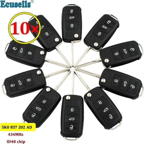 10PCS/lot 3 BUTTON REMOTE KEY FOB 434MHZ with ID48 CHIP 5K0 837 202 AD 5K0837202AD 434MHZ FULL KEY for VW VOLKSWAGEN PASSAT GOLF