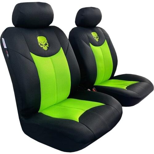 Skull Seat Covers, Breathable Green Black Air Mesh Front Set, Airbag Universal Fit Car Truck SUV Van