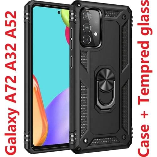 For Samsung Galaxy A32 A52 A72 Case Tempered glass Armor Silicon Car Holder Magnetic Ring Hard Cover