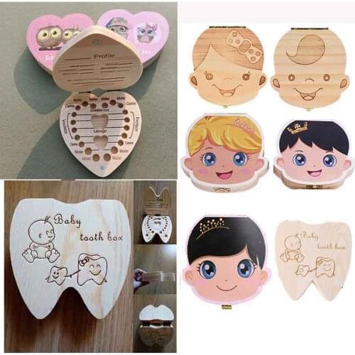 English/Spanish/Portugal Wooden Baby Tooth Box Organizer Milk Teeth Storage Umbilical Lanugo Save Collect Baby Souvenirs Gifts