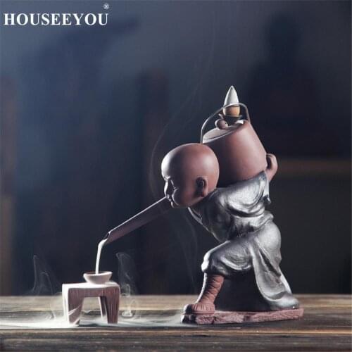 3 Styles Little Monk Pouring Tea Figure Backflow Incense Burner Creative Handmade Ornaments Small Artwork for Home Office Decor