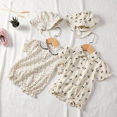 Newborn 6-24M Cotton Romper Toddler Infant Girls Summer Playsuit Floral Cherry Jumpsuit Outfits Sunsuits Baby Clothes with Hat