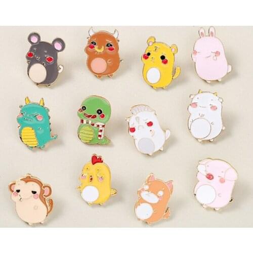 12 Symbolic Animals Collection Lepal Pins Chinese Zodiac Mouse Tiger Pig Sheep Dog Rabbit Monkey Brooches Bag Cartoon Badge Pins