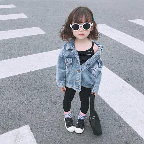 Hip Hop Streetwear Kids Girls Denim Outerwear Jacket Hole Casual Children Clothing Single Breasted Jeans Coat for Girls Outwear
