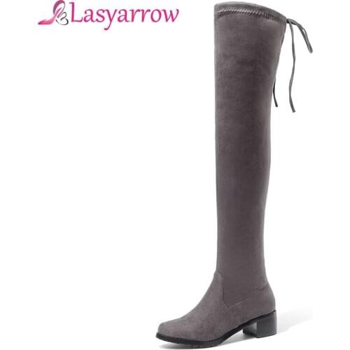 Lasyarrow Autumn Winter Warm Women Over The Knee Boots Suede Thigh High Boots Chunky Heels Sexy Slim Botas Mujer Femininas F106