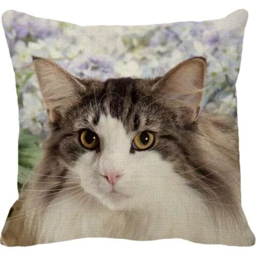 XUNYU 45cmx45m Cute Animal Norwegian forest cat Linen Comfortable Cushion Cover Living Room Sofa Decoration Pillow Cover YH005