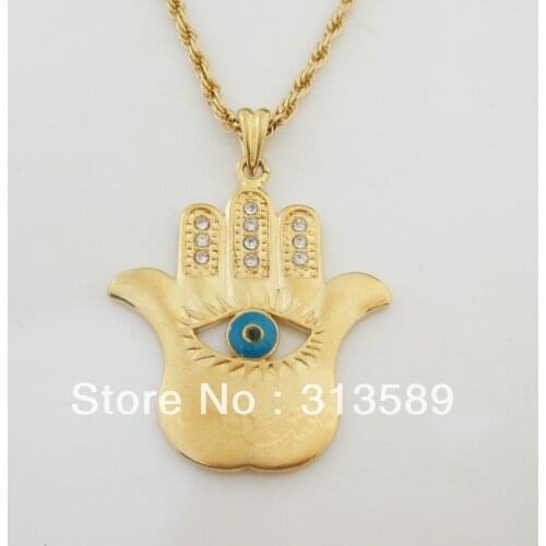 Min order 10$/ CAN MIX DESIGN - YELLOW GOLD OVERLAY 24" ROPE NECKLACE & EVIL EYE HAND CZ LASERED PENDANT/ Great Gift