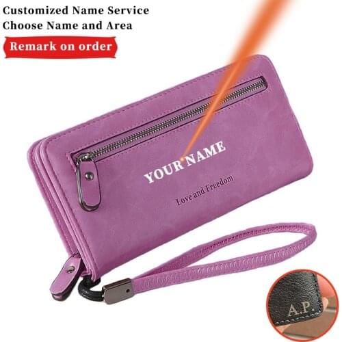 Multiple Card Slots PU Leather Zipper Phone Bag Letter Women Engraving Name Simplicity Purse Long Wallet Christmas Present