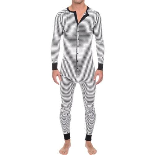Mens Casual Stripe Pants Autumn Winter Slim Fit Overalls Button Rib Sleeve Onesie Paste Jumpsuit Pajamas Homewear