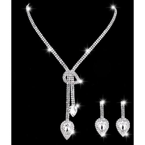 Simple Female White Crystal Wedding Jewelry Set Charm Silver Color Dangle Earrings For Women Trendy Bridal Zircon Chain Necklace