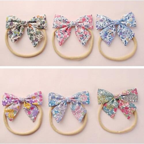 3.4" Girls Handmade Fabric Bow headbands,Floral Print Hair Bow Nylon Headbands Spring Color Bows for Girls Headwear 60pc/lot